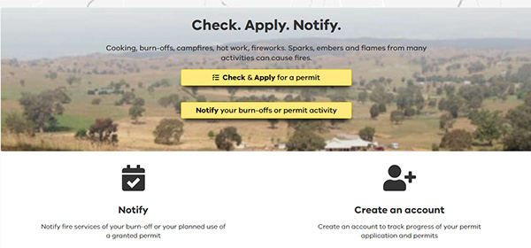 Screenshot of fire permits website.