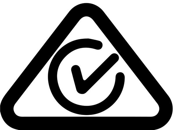 Regulatory Compliance Mark is a tick within a circle within a triangle with rounded corners