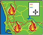 a map area with land, sea, roads and three flame icons on different parts of the map