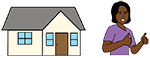 A simple graphic of a house with a lady with her hands at the ready