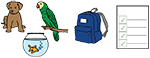 simple graphic representation of a dog sitting, goldfish in a bowl, parrot on a perch a backpack and checklist