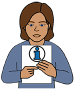 A simple graphic image of a woman holding a document with the international symbol for information on it