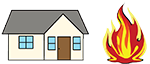 a simple graphic of a house with a large flame next to it