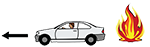 simple graphic of a car  with an arrow pointing to the left and a large flame behind the car to its right