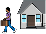 a simple graphic of a house with a woman walking away from the house to the left carrying a suitcase