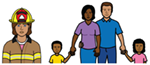Simple graphic representation of a female fire fighter wearing a helmet next to a family consisting of a man and woman, each holding the hand of a boy and girl. The family are all wearing different coloured clothes.