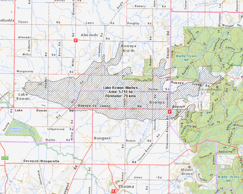 Impact area map of the Lake Rowan fire showing the fire starting at Lake Rowan in the west and travelling to Mount Killawarra in the east.