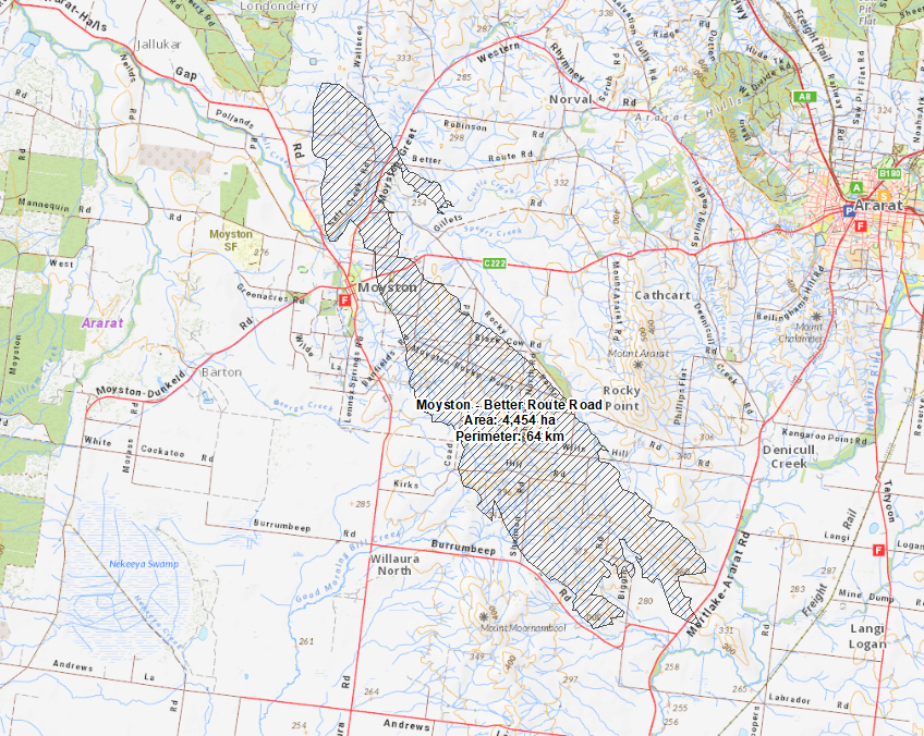 Impact area map of the Moyston fire showing the fire starting north of Moyston and travelling south west to the Mortlake-Ararat Road.