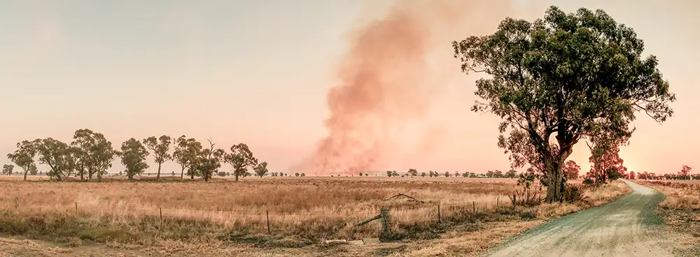 A wide angle photo of a rural property where a fire has started. There's smoke rising in the distance and the sky has orange and pink tones.
