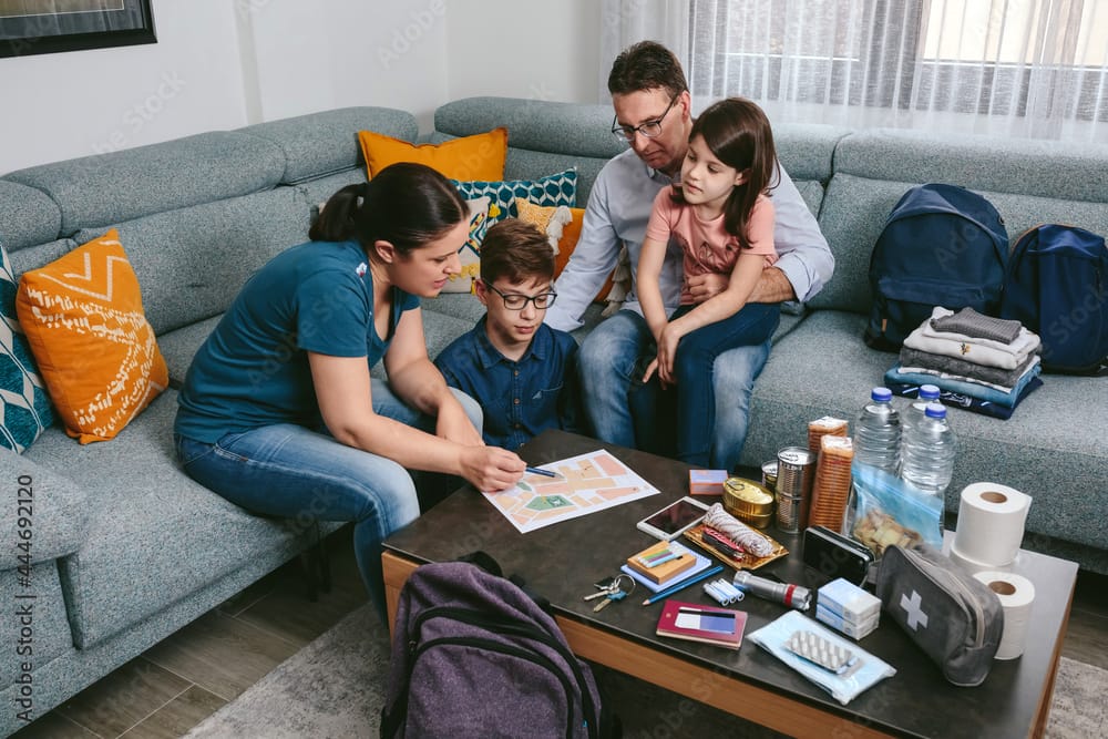 A family sitting together in a living room, discussing an emergency plan document with supplies such as water, canned food, flashlight, and a first aid kit laid out on the coffee table.