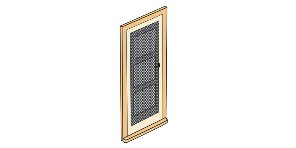 A door with a metal fly screen.
