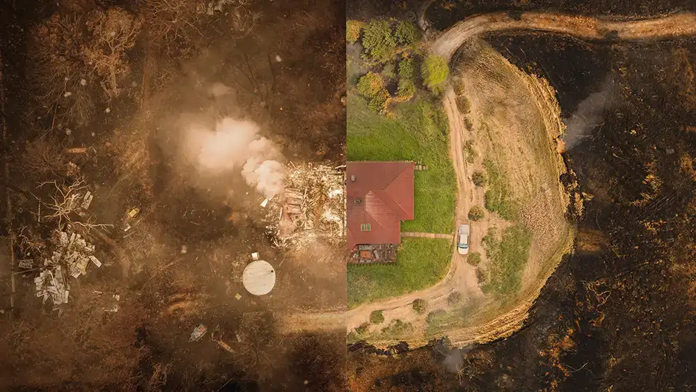 Two photos in one. On the left is the smouldering ruins of a house surrounded by burnt bush. On the right is the same house which is not burnt because the area around the house is clear of vegetation and the fire has gone around it.