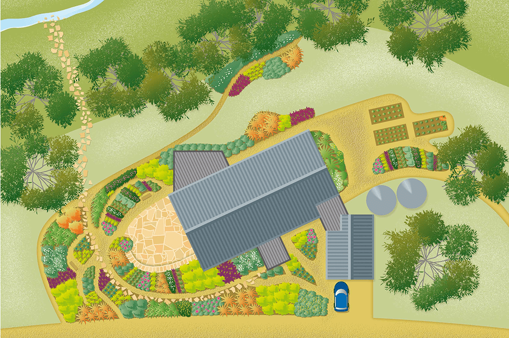 A birds eye view of the garden design, showing the different parts of the garden. Red hotspot buttons provide more information about the fire safety aspects of each part of the garden.