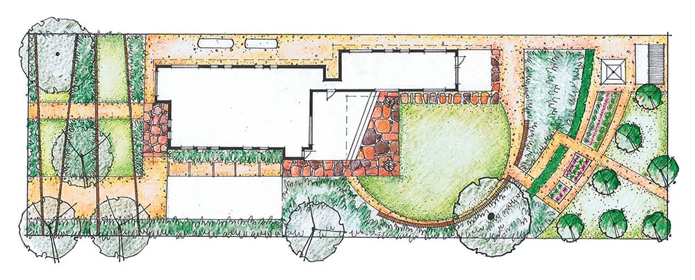A sketch of the garden design from a birds eye view. Red hotspots indicate more information about each of the design elements.