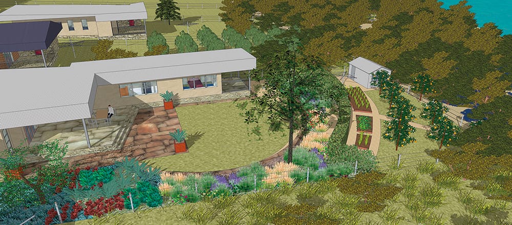 A computer rendered garden design showing a coastal property with dense bushland on one side. Red hotspots provide more information about the fire resistant design of the property.