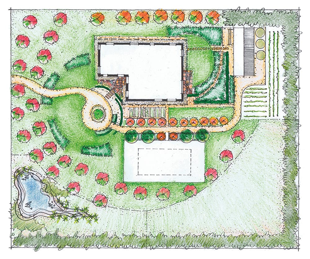 A sketch of the garden design from a birds eye view. Red hotspots indicate more information about each of the design elements.