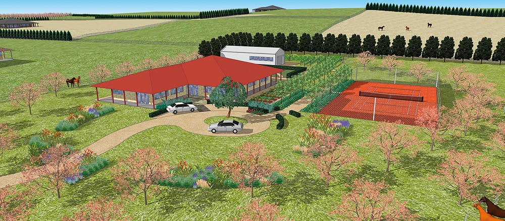 A computer rendered garden design showing a coastal property with dense bushland on one side. Red hotspots provide more information about the fire resistant design of the property.