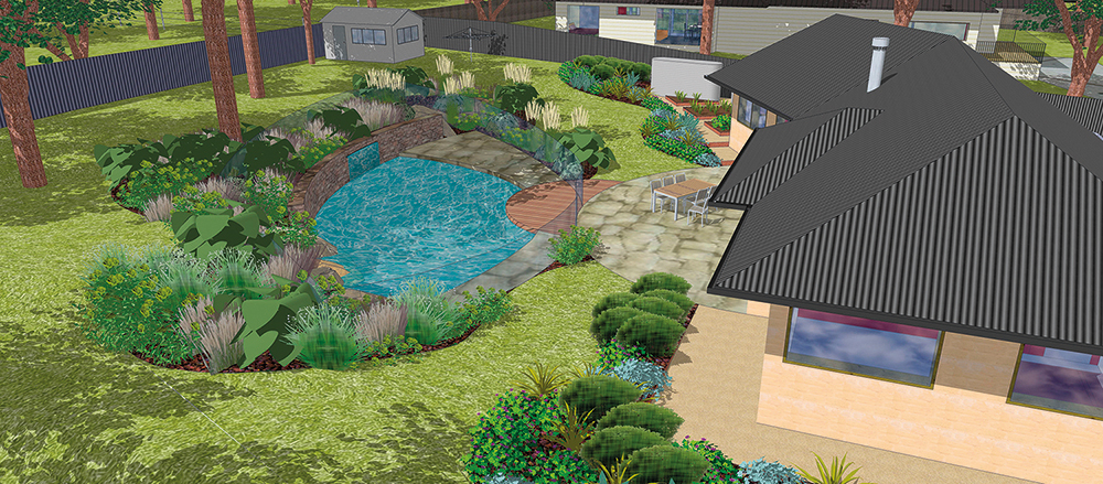 The same garden as viewed facing the direction from which a fire is most likely to come. Red hot spots provide information about how the designs improve fire resistance.