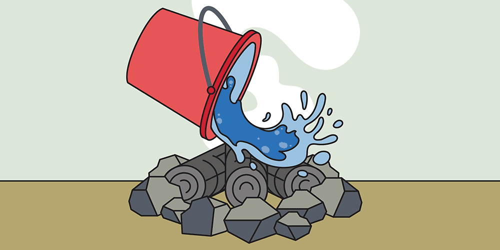 Illustration of a bucket of water being poured onto a campfire. Do not use dirt to extinguish your campfire.