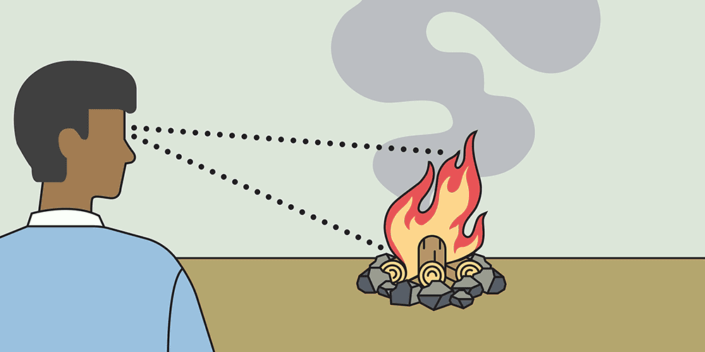 Illustration of an adult man standing close to a campfire. Dotted lines indicate that he is supervising the campfire as it burns.