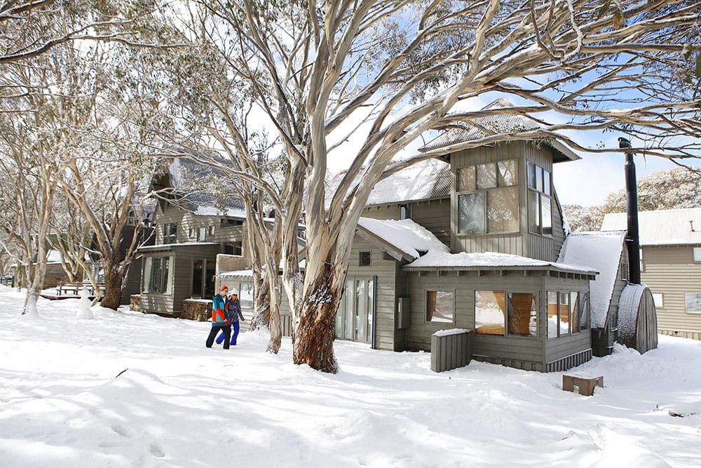 People wearing colourful clothes walking in the snow near ski lodges and gum trees