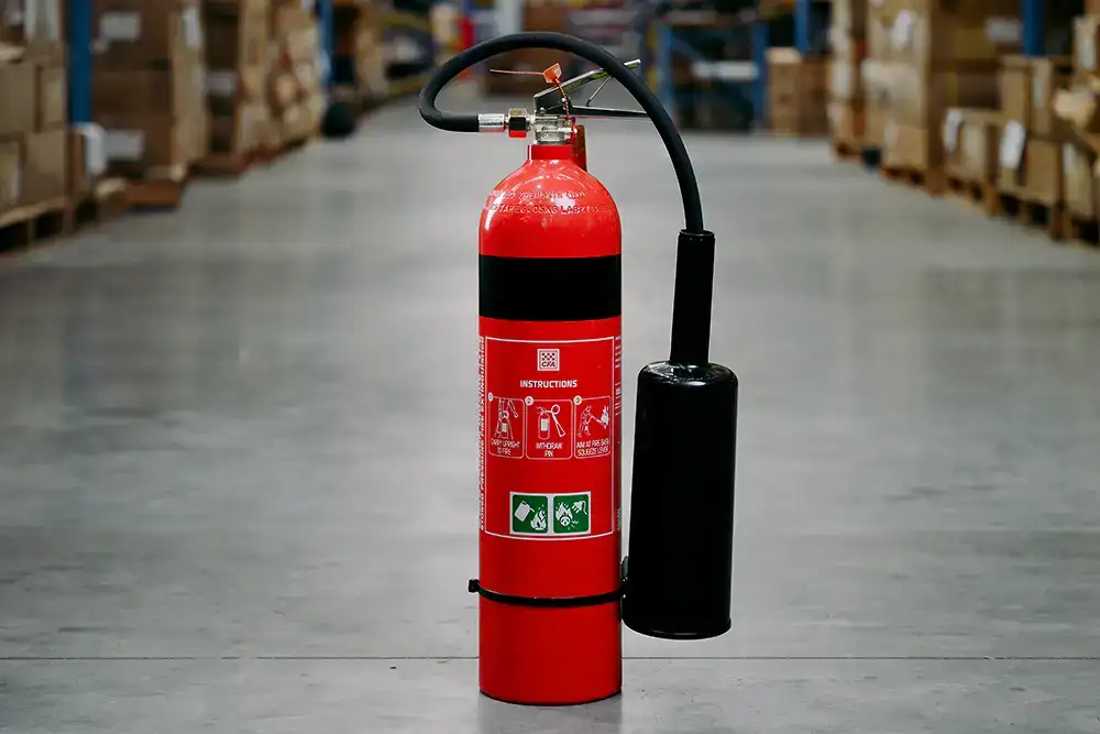 A red fire extinguisher with a black band around it sitting on a concrete floor in a warehouse. Instructions for use are clearly visible on the front of the extinguisher and it has a very large black nozzle.
