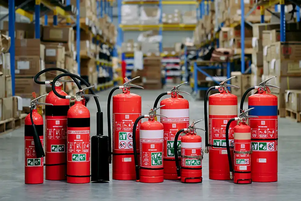 A group of fire extinguishers of all different sizes and types showing different coloured bands on their red bodies