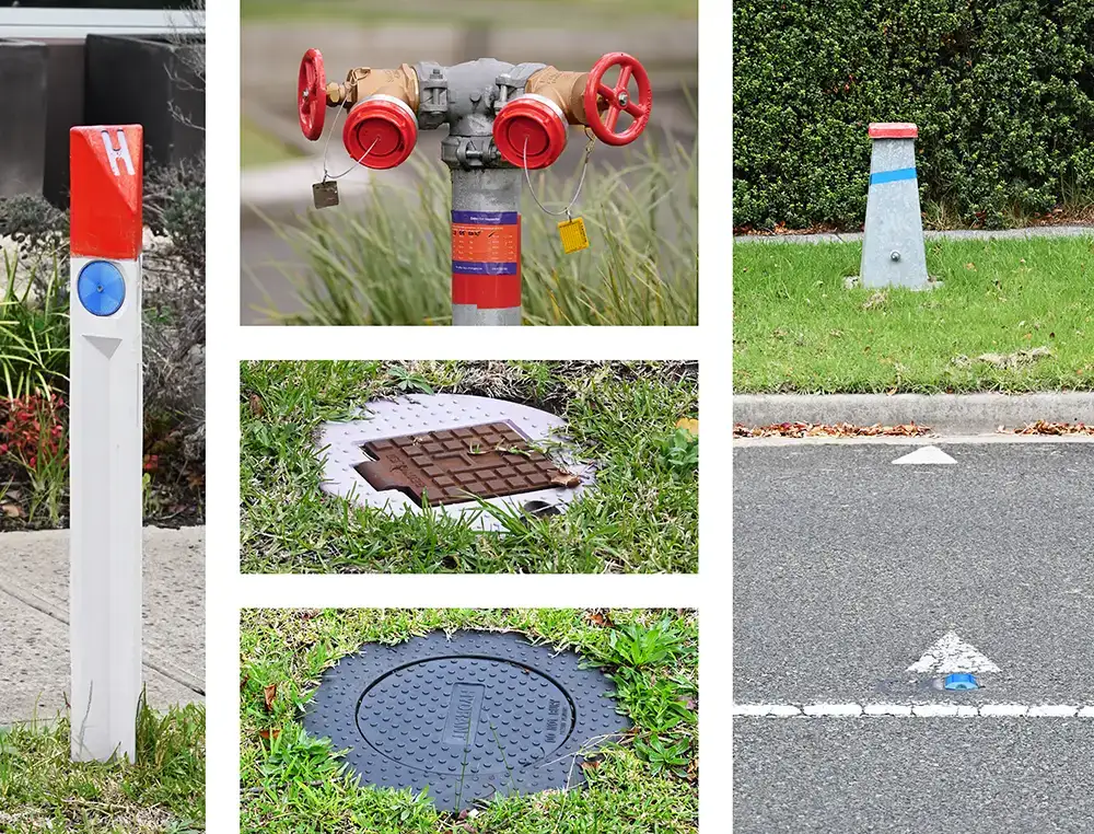 Interactive photomontage showing different types of fire hydrants, with red hotspots explaining each of the images.