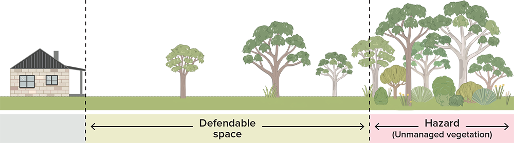 A drawing that shows a house to the left and to the right of it an area labled Defendable space. In this area low shrubs have been removed and grass short, but larger trees remain. To the right of the defendable space is an area labled Hazard (unmanaged vegetation) which has bush in its natural state.