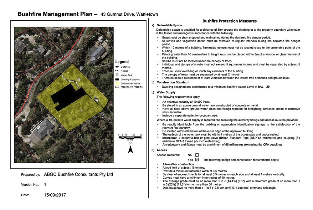 A single-page, landscape document split in two halves. On the left half of the page is an aerial photograph of the property, with dwelling footprint, defendable space zone, access and water tank are all marked. On the right side of the page is a list of the relevant bushfire protection measures which apply to the permit.