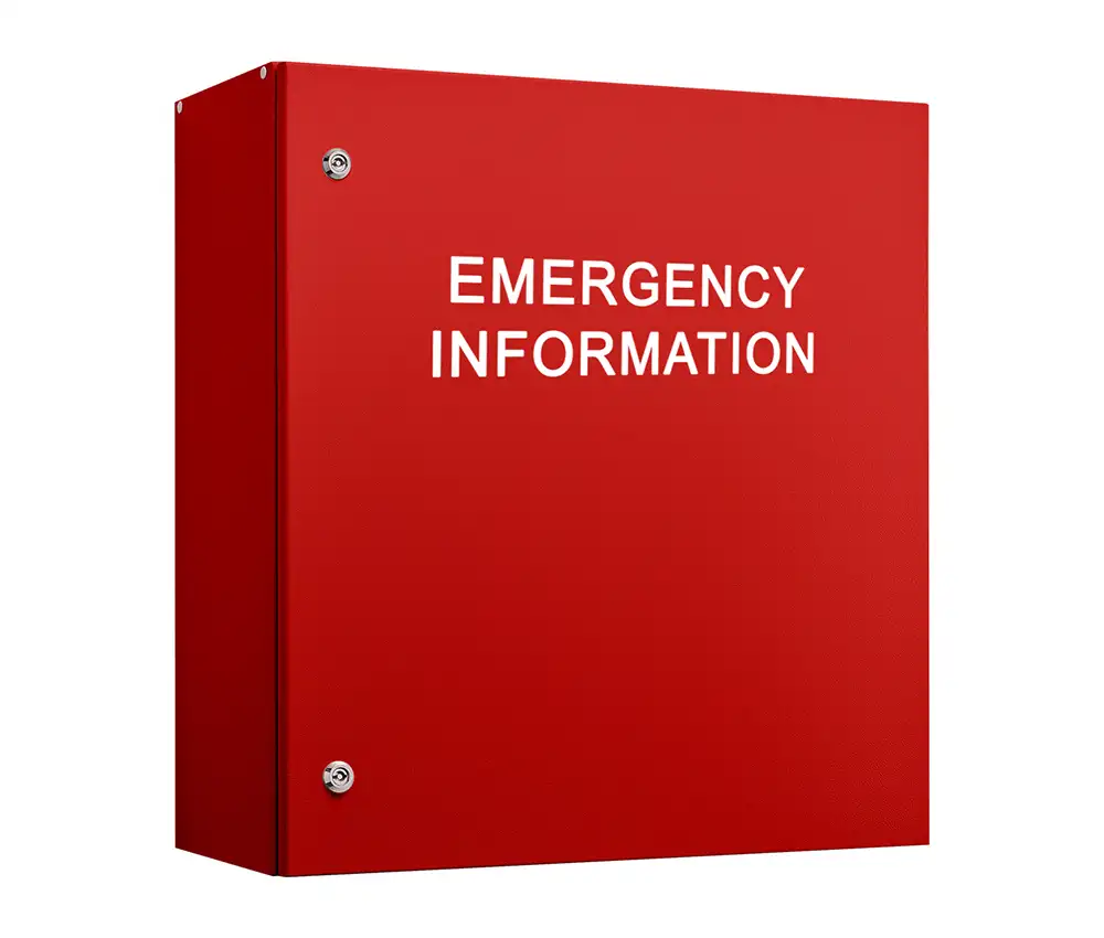 A red box with 'Emergency Information' written in white bold text.