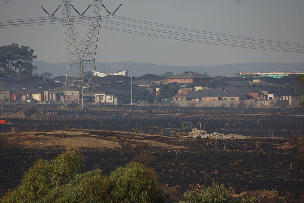Burnt grassland and blackened ground from a grassfire, with a row of suburban houses and powerlines in the background under smoky skies