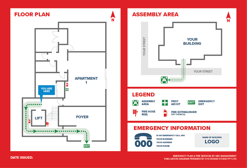 An example of an apartment building evacuation diagram which shows how to get out of the building and where to go once you're out.