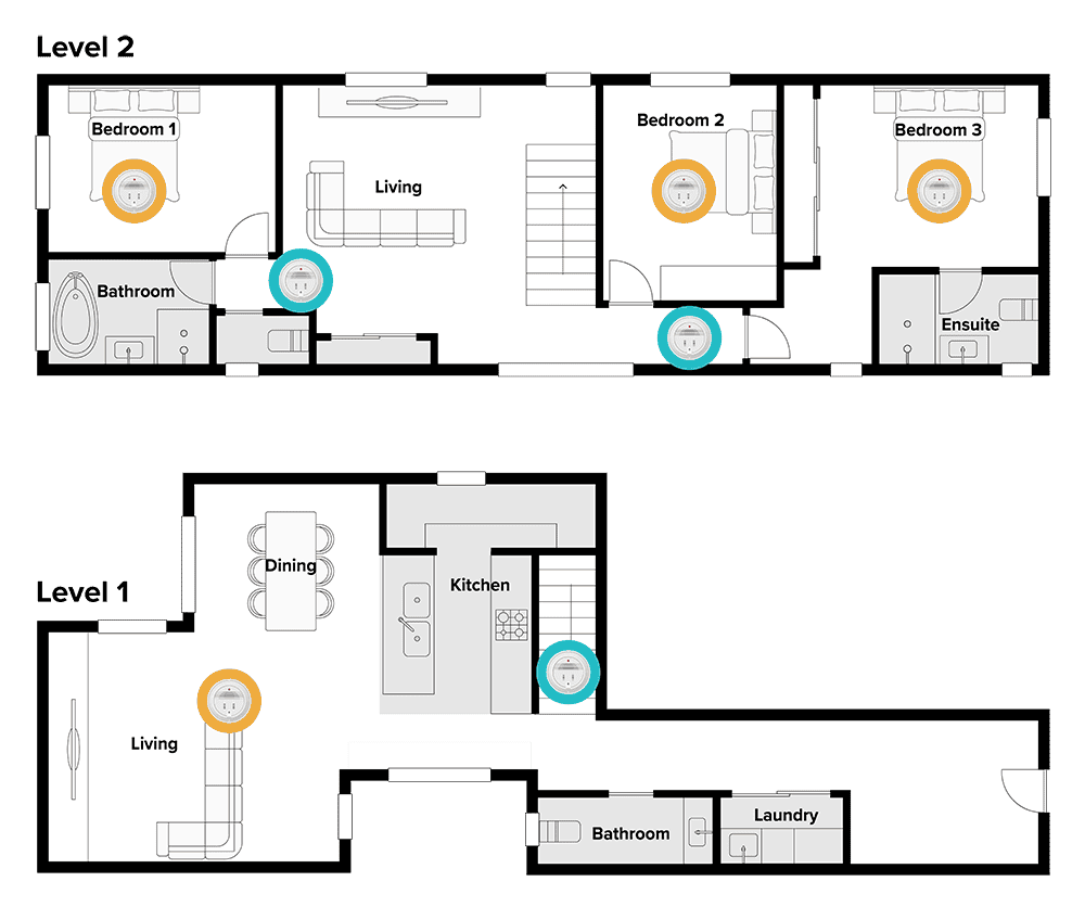 A floor plan of a 3-bedroom double storey home. Blue circles indicate where smoke alarms must be installed by law, outside two sleeping areas and in a stairwell. Yellow circles indicate where extra smoke alarms should be installed for better protection, inside three bedrooms and the living room.