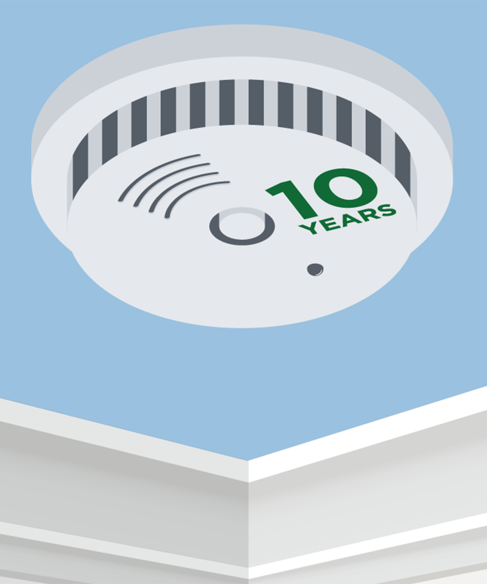 A smoke alarm on the ceiling with the words 10 years printed on it