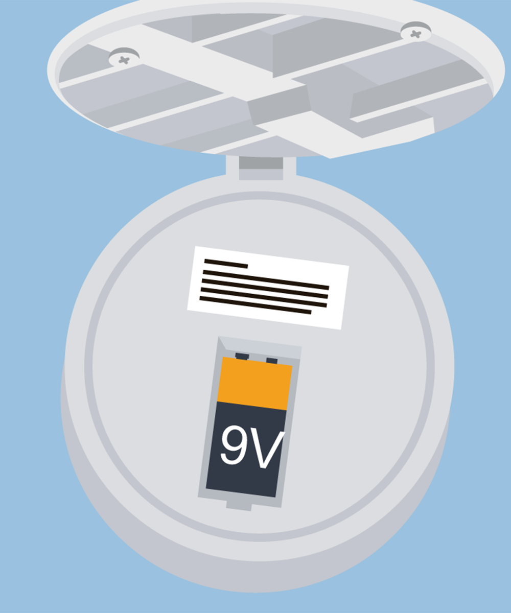 A smoke alarm on the ceiling which is open showing a 9 volt battery