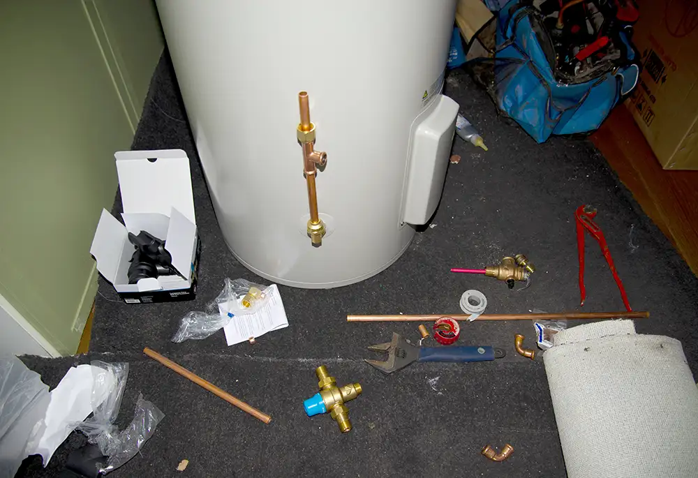 A hot water service partly installed with bits of pipe and tools lying around on the ground.