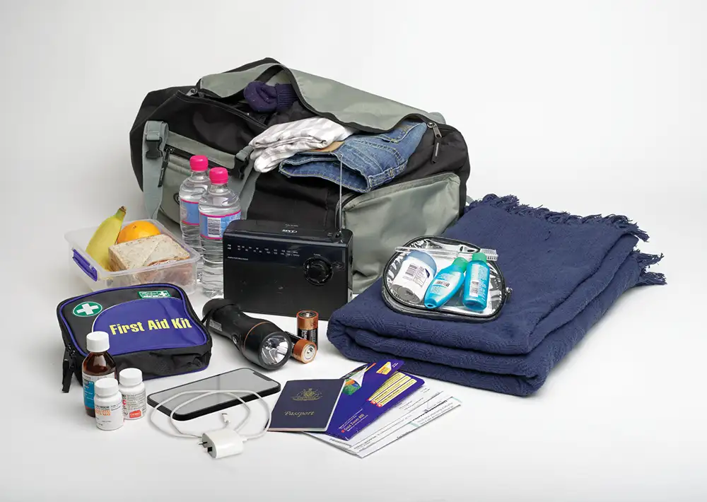 A leave early kit. An overnight bag packed with clothes and ready to be packed are a portable radio, torch with spare batteries, some personal toiletries, a first aid kit, prescription medications, passport and personal paperwork, photos, mobile phone and charger, some packed food and bottled water.