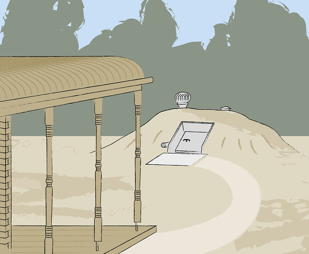 An in-ground bunker in a clear area away from the house. There is a mound with a hatch, and vents visible.