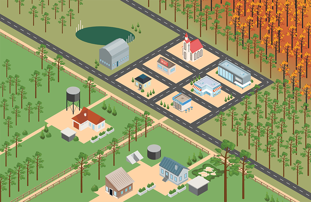 Illustration of a small township with fire approaching the town. When clicked on, hot spots provide more information on possible options to protect yourself if leaving the area is no longer possible.