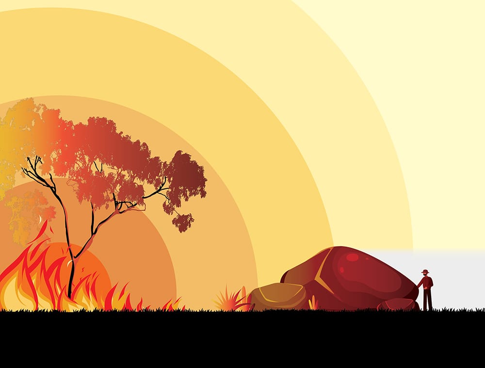 A person standing behind a boulder which is blocking heat radiating from a fire.