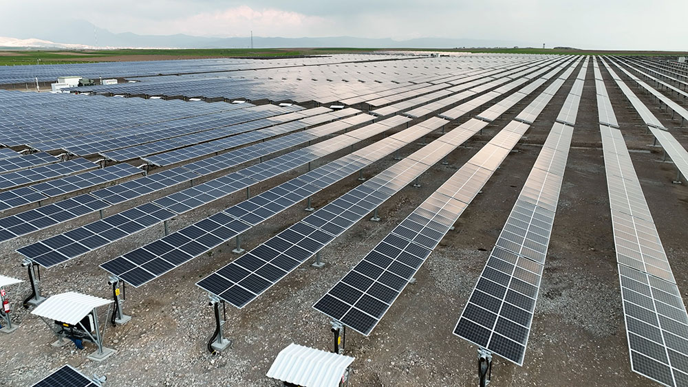 Hundreds of solar panels in a field.