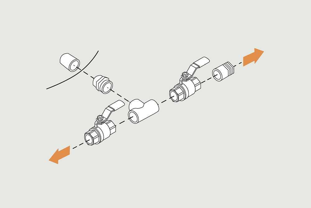 An interactive illustration of a pipe diagram showing different fittings to suit domestic and CFA firefighting connections. Red hotspots indicate further information about the illustration.