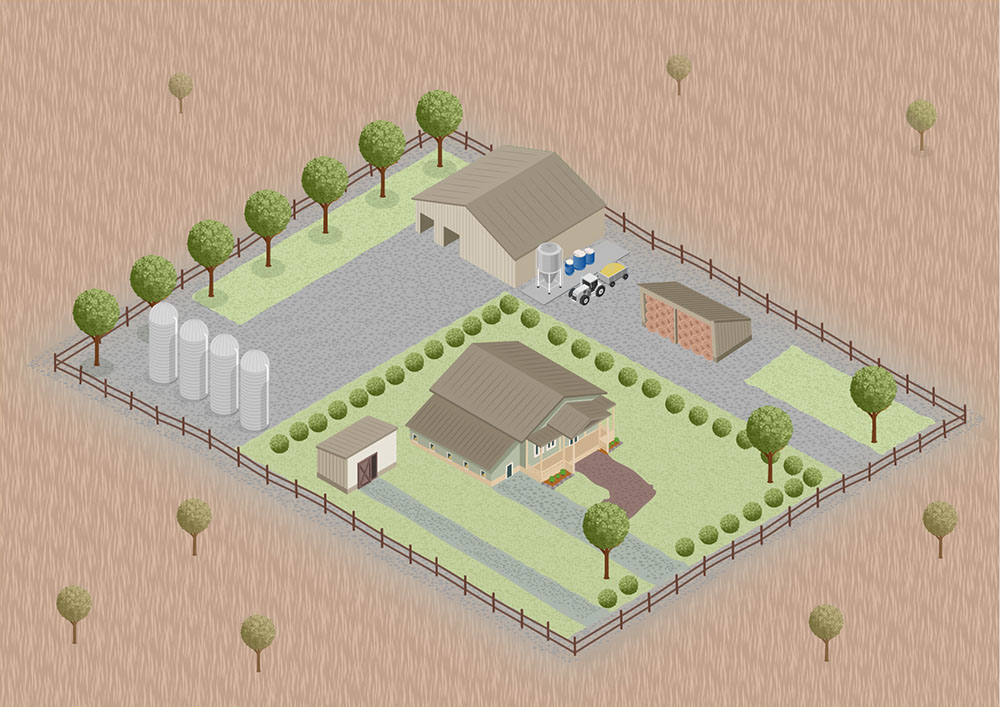 Illustration of a farm layout, showing different parts of the property that can be prepared for fire. Red hotspots flash where there is more information about what to do.