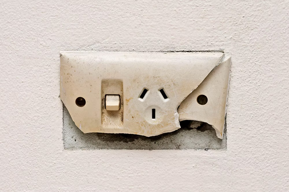 A broken power point on a cream plaster wall.