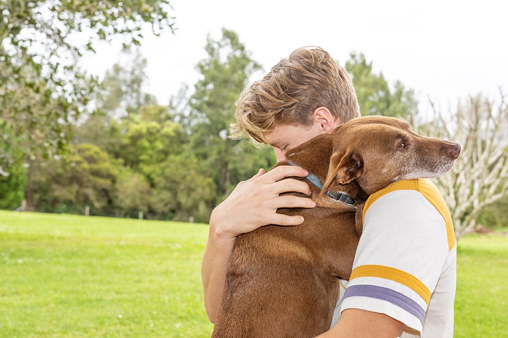 A young person in a park with green grass, hugging a brown dog, with tall green trees in the background.