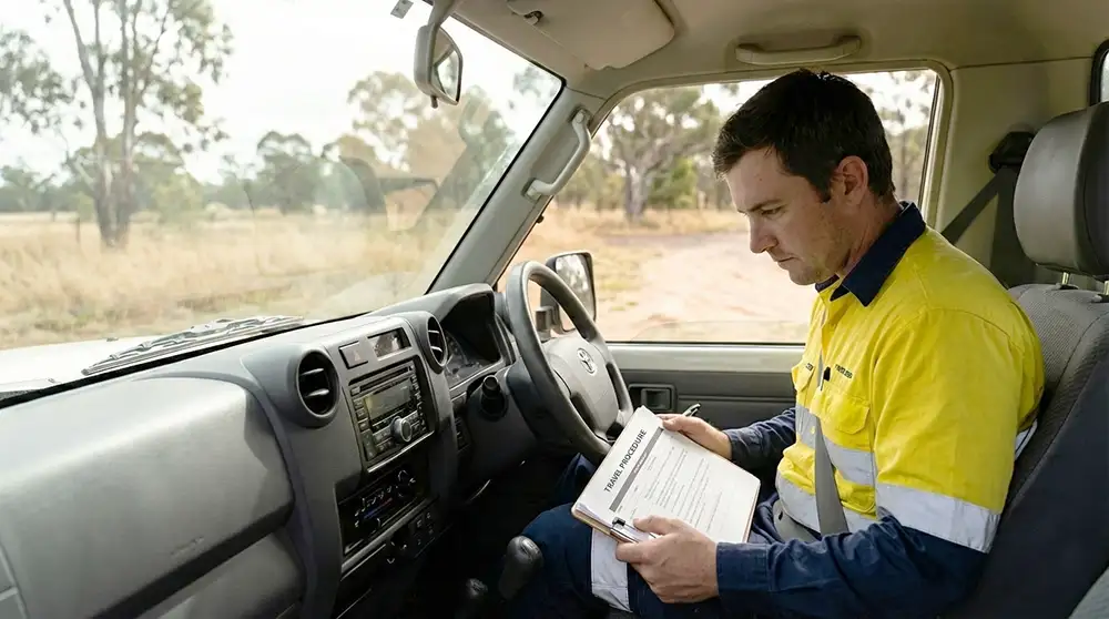 A person wearing yellow, high visibility work clothes is sitting in a car parked near open woodland, checking a document titled 'Travel Procedures'.